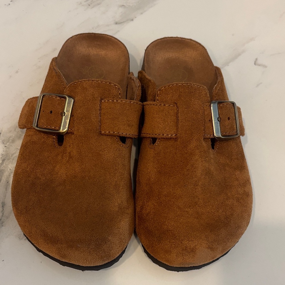Kid Brown Suede Slip-On Clog with Buckle